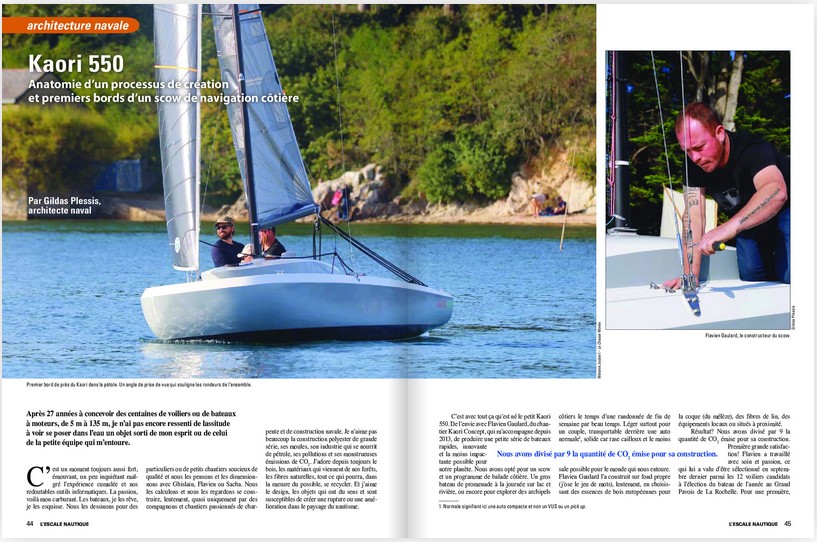 article de presse de l'escale nautique, datant de 2023. Presse du Québec. "Kaori 550, anatomie d'un processus de création et premiers bords d'un scow de navigation côtière"